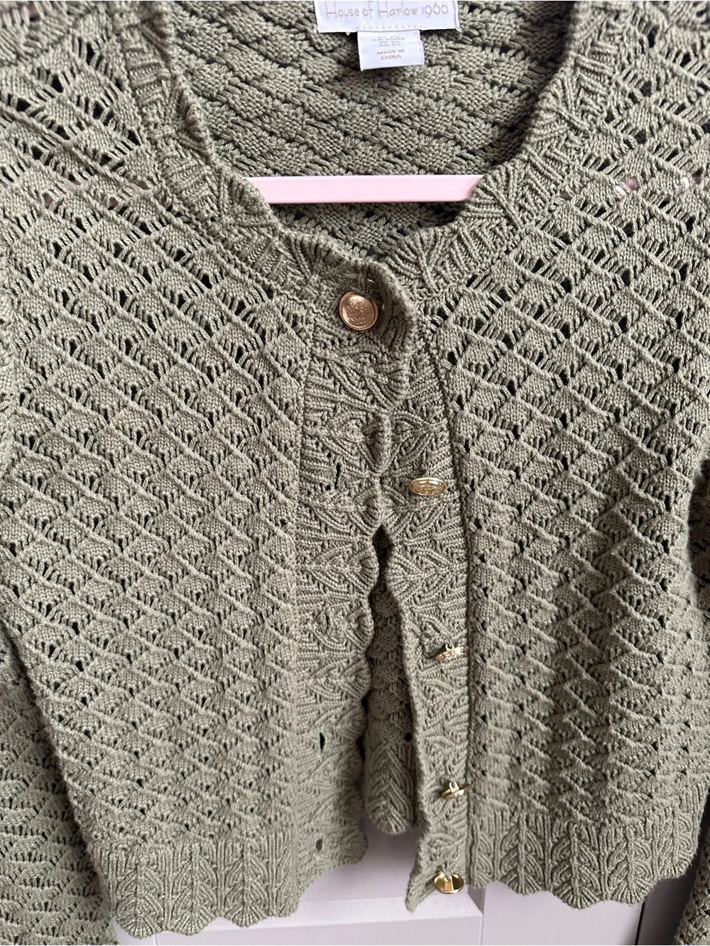 House of Harlow 1960 Olive Green Openwork Cropped Cardigan